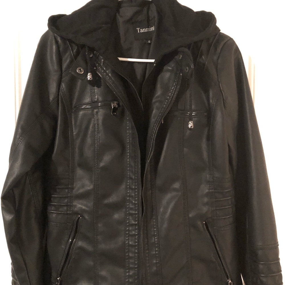 Tanming Women's Removable Hood Faux Leather Jacket